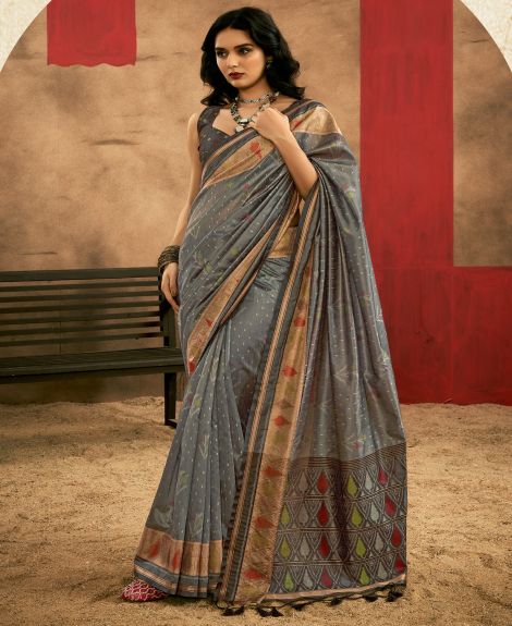 SAREE MALL Women's Tussar Silk Grey Woven Design Designer Saree With Blouse Piece