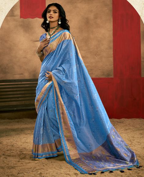 SAREE MALL Women's Tussar Silk Light Blue Woven Design Designer Saree With Blouse Piece