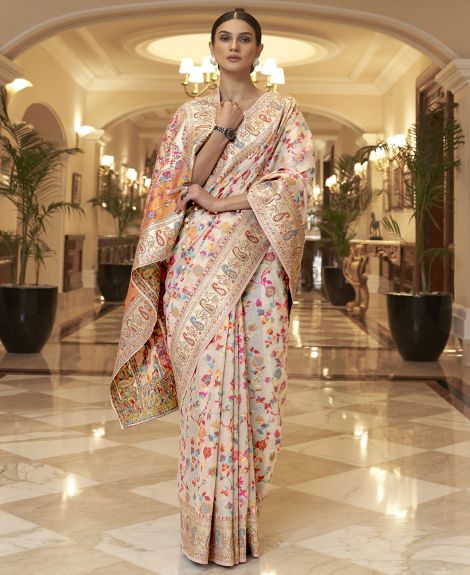 SAREEMALL Women's Silk Blend Cream WovenDesign CelebritySaree With Blouse Piece