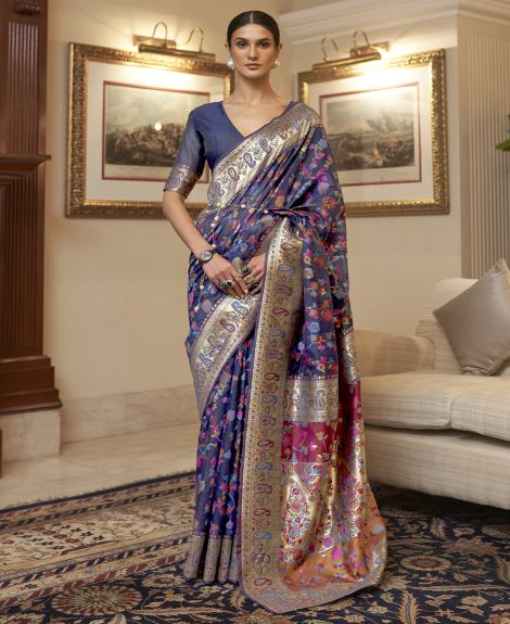 SAREEMALL Women's Silk Blend NavyBlue WovenDesign CelebritySaree With Blouse Piece