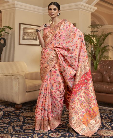 SAREEMALL Women's Silk Blend Peach WovenDesign CelebritySaree With Blouse Piece