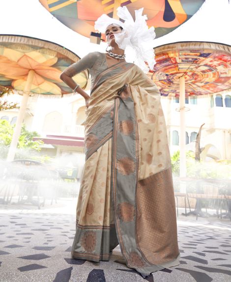 SAREE MALL Women's Silk Blend Cream Woven Design Designer Saree With Blouse Piece