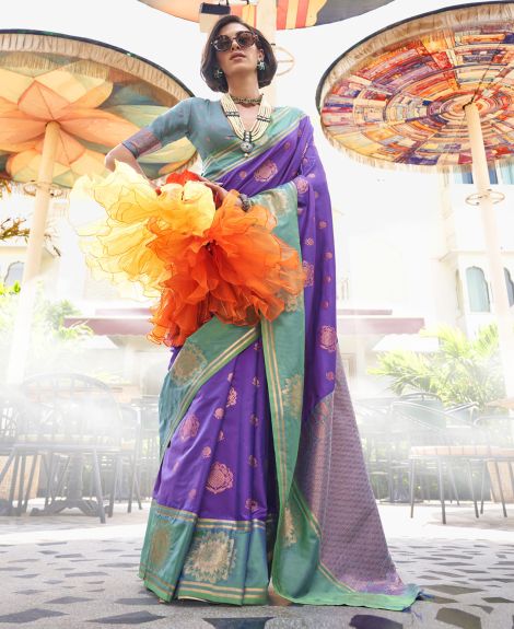 SAREE MALL Women's Silk Blend Purple Woven Design Designer Saree With Blouse Piece