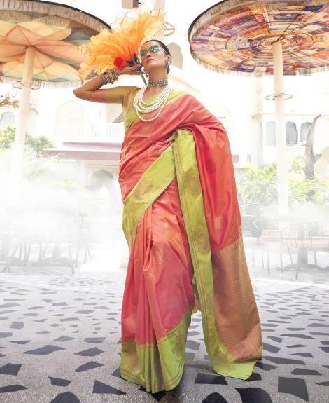 SAREE MALL Women's Silk Blend Peach Woven Design Designer Saree With Blouse Piece