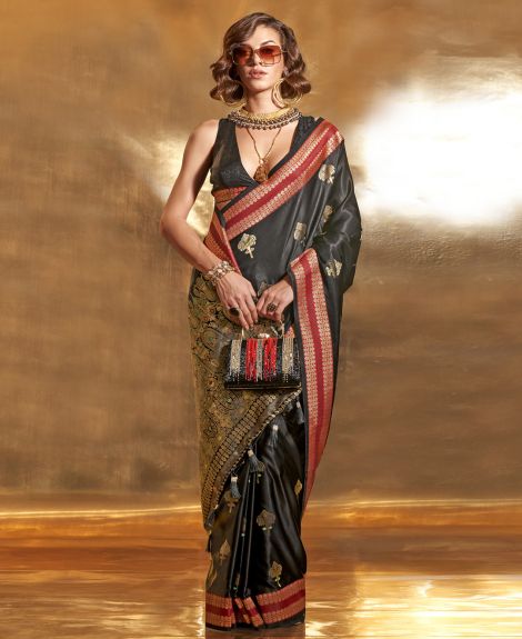 SAREE MALL Women's Satin Silk Black Woven Design Designer Saree With Blouse Piece