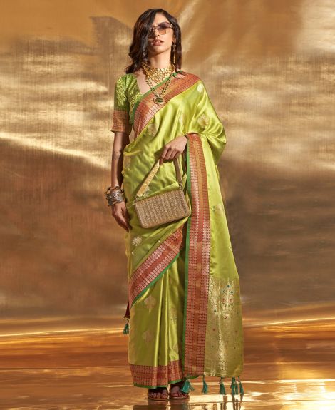 SAREE MALL Women's Satin Silk Light Green Woven Design Designer Saree With Blouse Piece