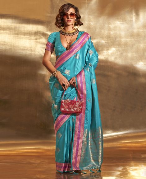 SAREE MALL Women's Satin Silk Blue Woven Design Designer Saree With Blouse Piece