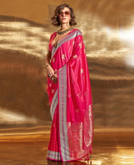 SAREE MALL Women's Satin Silk Pink Woven Design Designer Saree With Blouse Piece