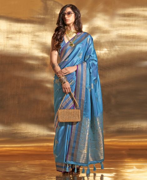 SAREE MALL Women's Satin Silk Blue Woven Design Designer Saree With Blouse Piece