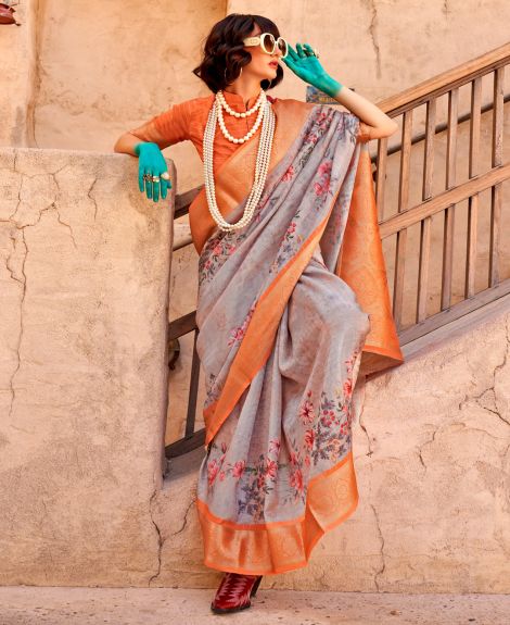 SAREE MALL Women's Georgette Grey Woven Design Designer Saree With Blouse Piece