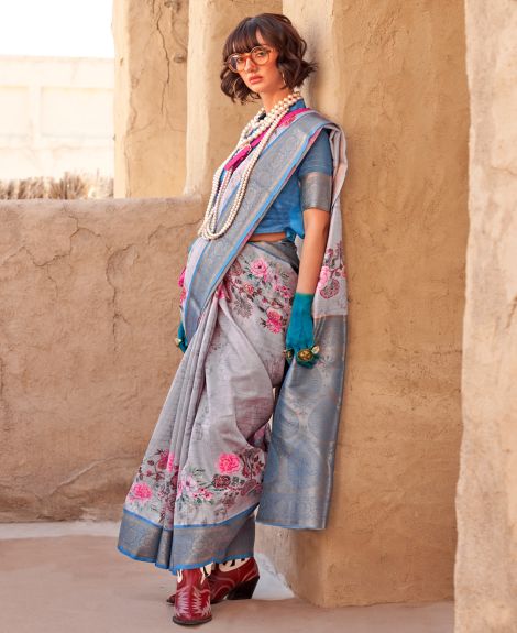 SAREE MALL Women's Georgette Grey Woven Design Designer Saree With Blouse Piece