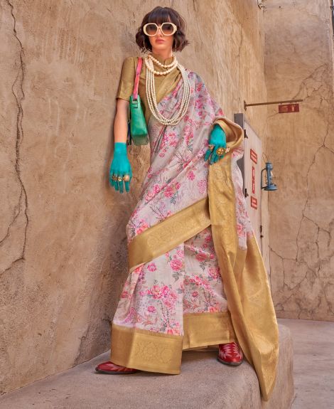 SAREE MALL Women's Georgette Beige Woven Design Designer Saree With Blouse Piece