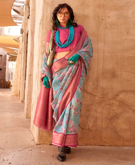 SAREE MALL Women's Georgette Light Blue Woven Design Designer Saree With Blouse Piece