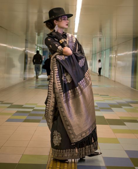 SAREE MALL Women's Silk Blend Black Woven Design Designer Saree With Blouse Piece