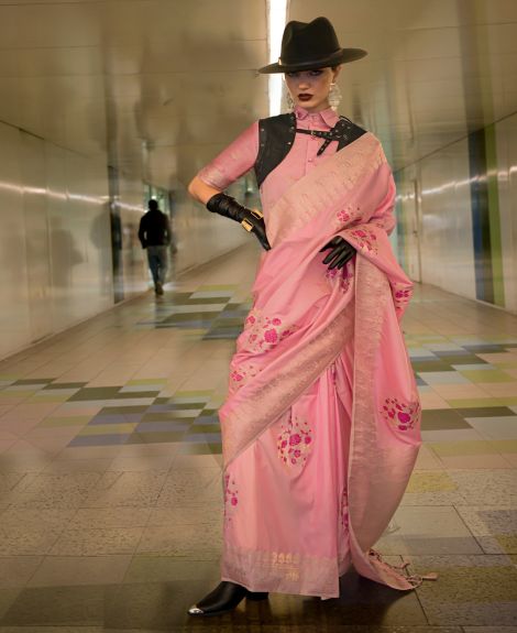 SAREE MALL Women's Silk Blend Pink Woven Design Designer Saree With Blouse Piece