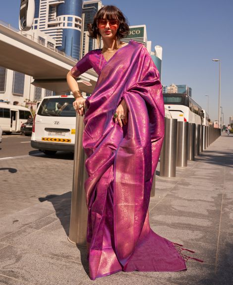 SAREE MALL Women's Kanjeevaram Silk Magenta Woven Design Designer Saree With Blouse Piece