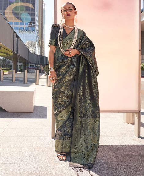 SAREE MALL Women's Kanjeevaram Silk Black Woven Design Designer Saree With Blouse Piece