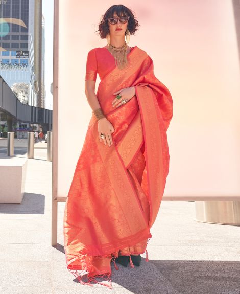SAREE MALL Women's Kanjeevaram Silk Peach Woven Design Designer Saree With Blouse Piece