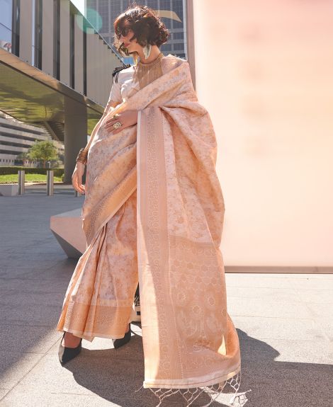 SAREE MALL Women's Kanjeevaram Silk Cream Woven Design Designer Saree With Blouse Piece