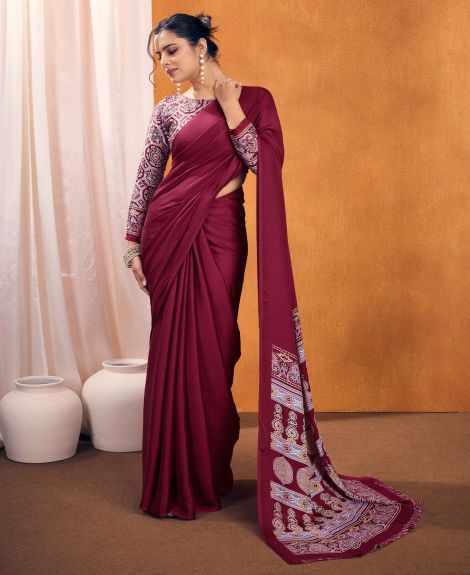 SAREE MALL Women's Satin Silk Magenta Printed Designer Saree With Blouse Piece