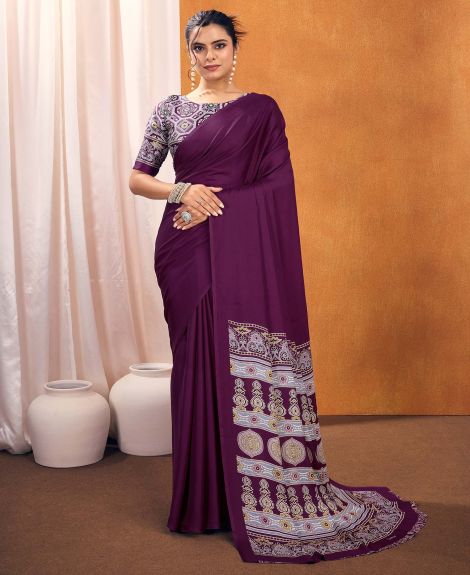SAREE MALL Women's Satin Silk Purple Printed Designer Saree With Blouse Piece