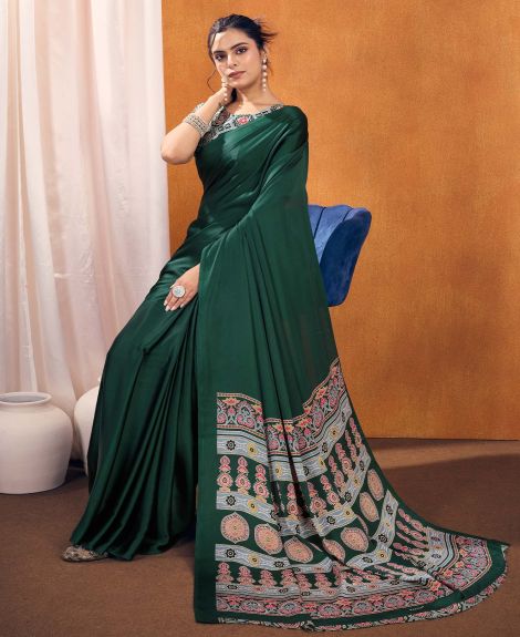 SAREE MALL Women's Satin Silk Green Printed Designer Saree With Blouse Piece