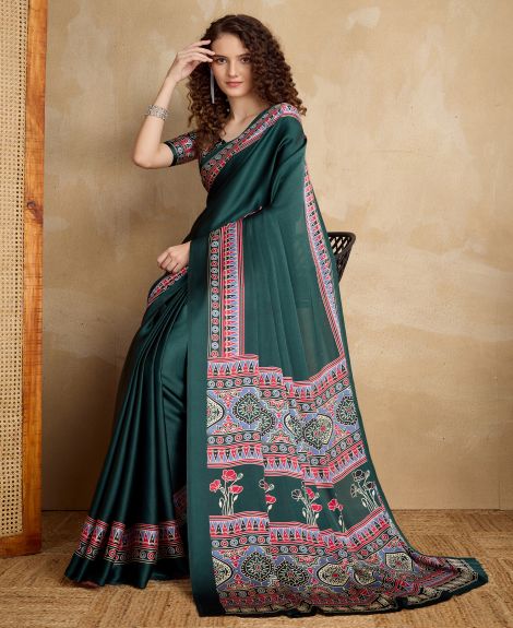 SAREE MALL Women's Satin Green Printed Designer Saree With Blouse Piece