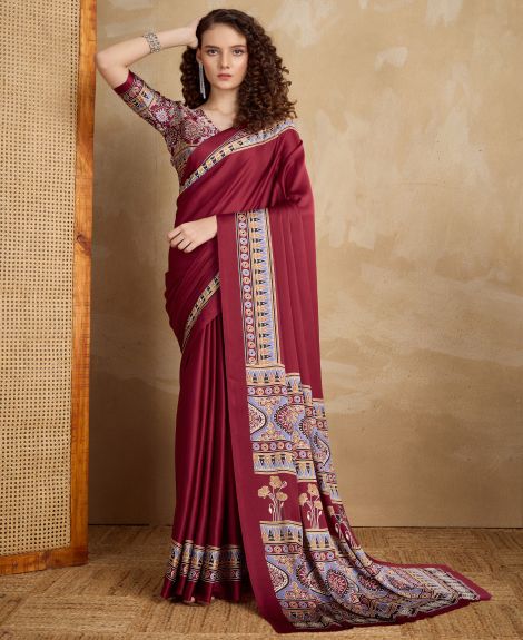 SAREE MALL Women's Satin Maroon Printed Designer Saree With Blouse Piece