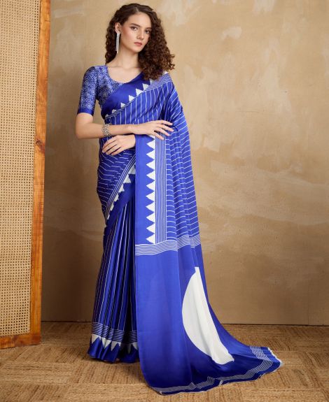 SAREE MALL Women's Satin Navy Blue Printed Designer Saree With Blouse Piece