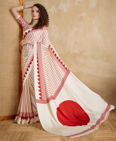 SAREE MALL Women's Satin Cream Printed Designer Saree With Blouse Piece