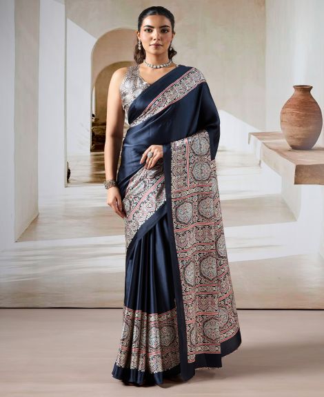 SAREE MALL Women's Satin Black Printed Designer Saree With Blouse Piece
