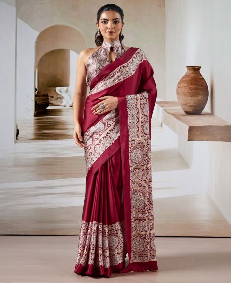 SAREE MALL Women's Satin Maroon Printed Designer Saree With Blouse Piece