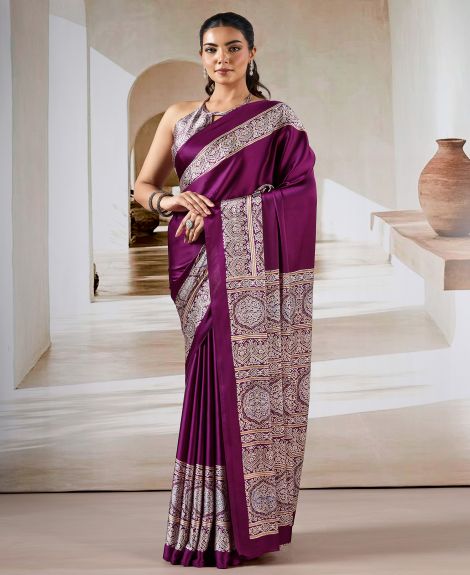 SAREE MALL Women's Satin Purple Printed Designer Saree With Blouse Piece