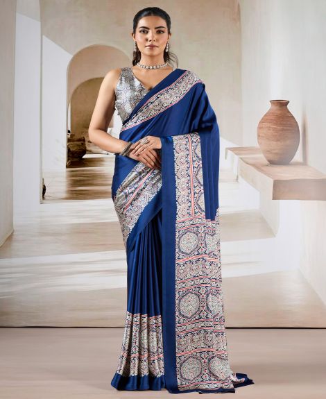 SAREE MALL Women's Satin Navy Blue Printed Designer Saree With Blouse Piece