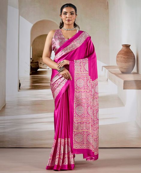 SAREE MALL Women's Satin Magenta Printed Designer Saree With Blouse Piece
