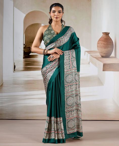 SAREE MALL Women's Satin Teal green Printed Designer Saree With Blouse Piece