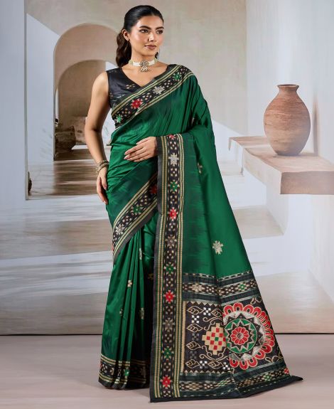 SAREE MALL Women's Silk Blend Dark Green Printed Designer Saree With Blouse Piece