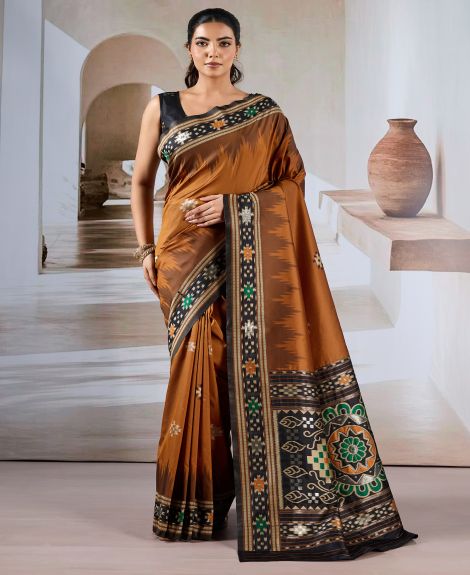 SAREE MALL Women's Silk Blend Brown Printed Designer Saree With Blouse Piece