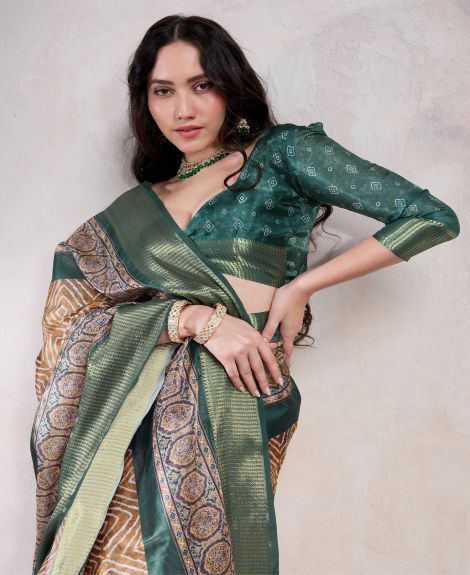 SAREE MALL Women's Organza Beige Woven Design Designer Saree With Blouse Piece