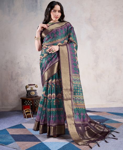 SAREE MALL Women's Organza Teal green Woven Design Designer Saree With Blouse Piece