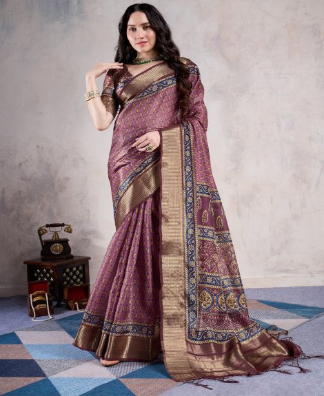 SAREE MALL Women's Organza Mauve Woven Design Designer Saree With Blouse Piece
