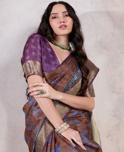 SAREE MALL Women's Organza Brown Woven Design Designer Saree With Blouse Piece