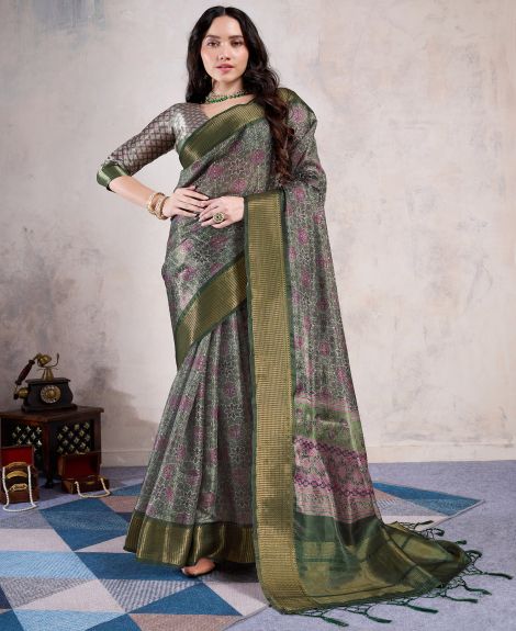 SAREE MALL Women's Organza Green Woven Design Designer Saree With Blouse Piece