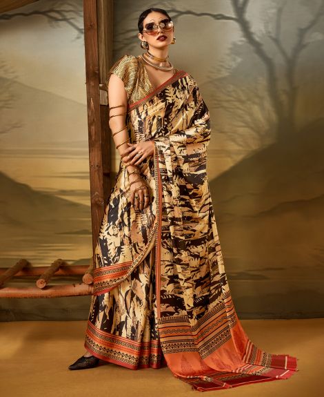 SAREE MALL Women's Crepe Beige Printed Designer Saree With Blouse Piece