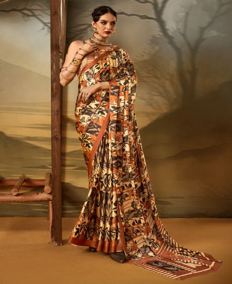 SAREE MALL Women's Crepe Beige Printed Designer Saree With Blouse Piece