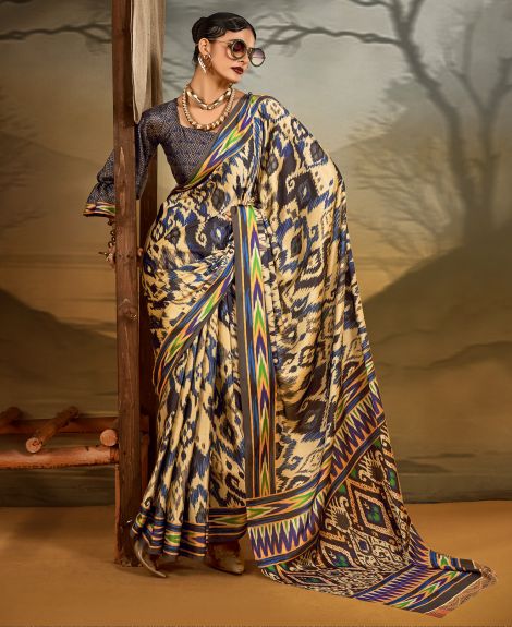 SAREE MALL Women's Crepe Beige Printed Designer Saree With Blouse Piece