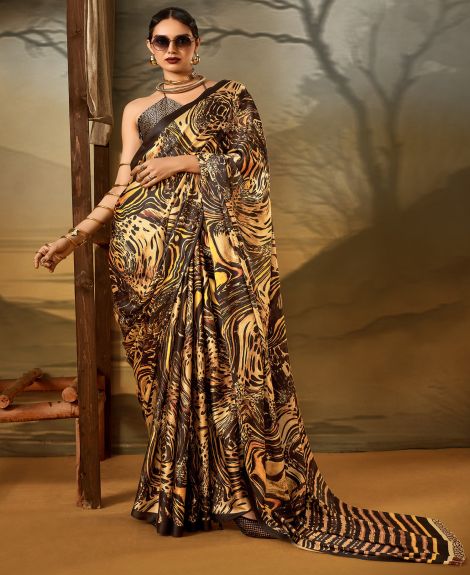 SAREE MALL Women's Crepe Beige Printed Designer Saree With Blouse Piece