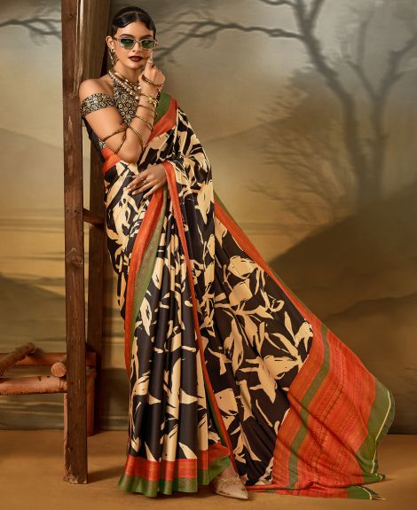 SAREE MALL Women's Crepe Black Printed Designer Saree With Blouse Piece