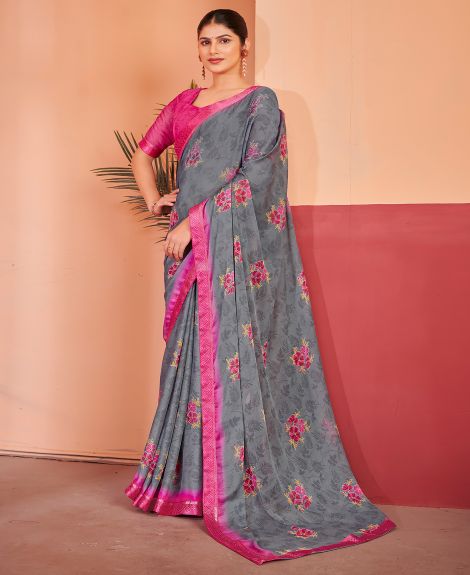 SAREE MALL Women's Chiffon Grey Printed Designer Saree With Blouse Piece