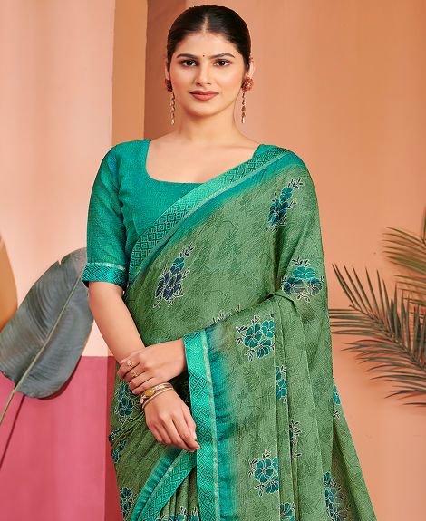 SAREE MALL Women's Chiffon Sea Green Printed Designer Saree With Blouse Piece